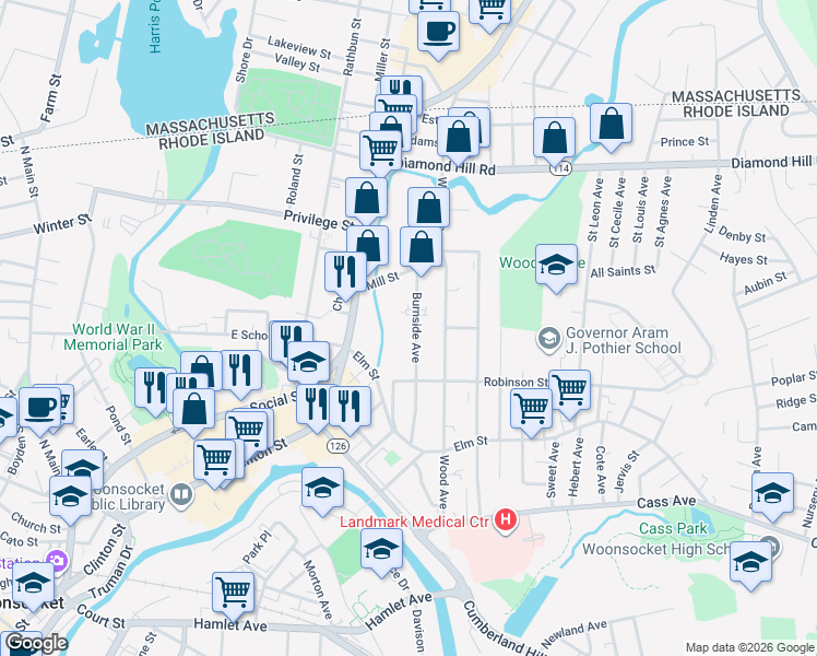map of restaurants, bars, coffee shops, grocery stores, and more near 242 Burnside Avenue in Woonsocket