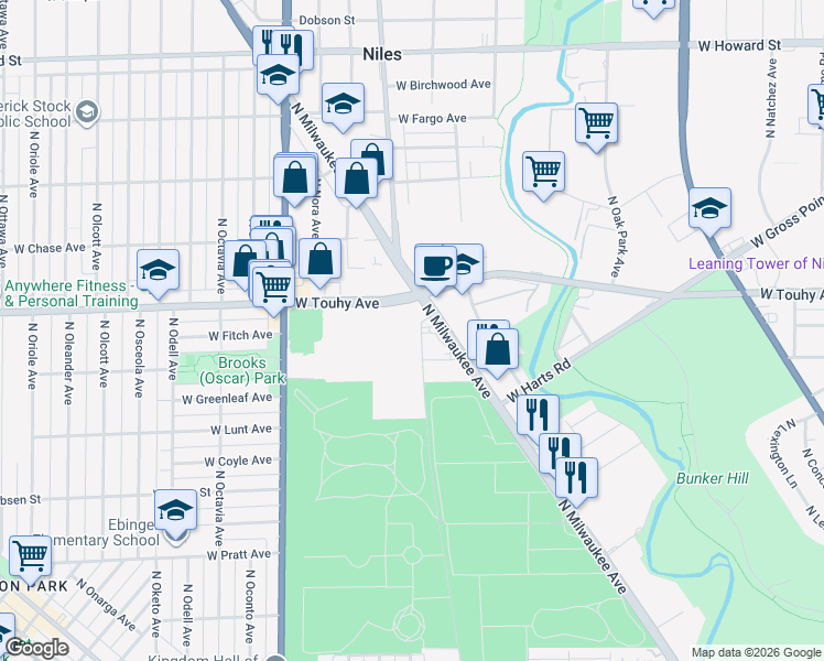 map of restaurants, bars, coffee shops, grocery stores, and more near 7011 West Touhy Avenue in Niles