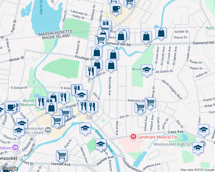 map of restaurants, bars, coffee shops, grocery stores, and more near 213 Burnside Avenue in Woonsocket