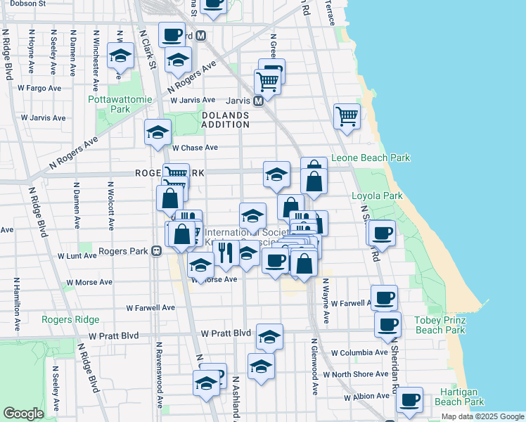 map of restaurants, bars, coffee shops, grocery stores, and more near 1528 West Greenleaf Avenue in Chicago