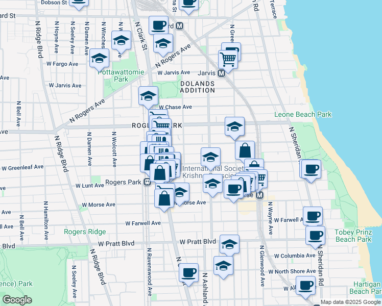 map of restaurants, bars, coffee shops, grocery stores, and more near 7049 North Paulina Street in Chicago