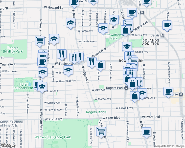 map of restaurants, bars, coffee shops, grocery stores, and more near 2016H West Greenleaf Avenue in Chicago