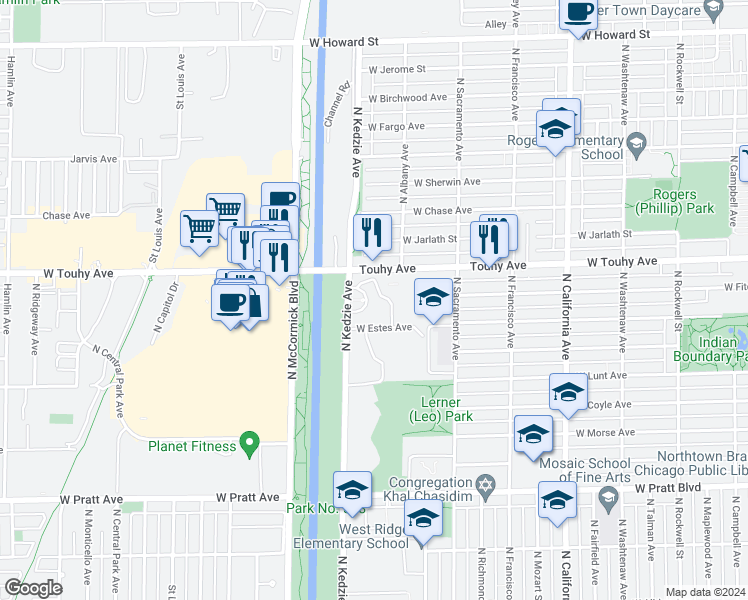 map of restaurants, bars, coffee shops, grocery stores, and more near 7141 North Kedzie Avenue in Chicago