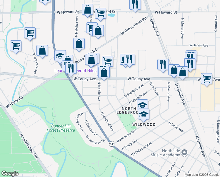 map of restaurants, bars, coffee shops, grocery stores, and more near 7111 North Merrimac Avenue in Chicago