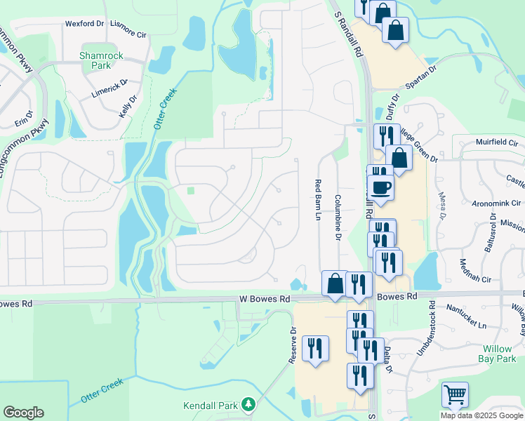 map of restaurants, bars, coffee shops, grocery stores, and more near 2476 Harvest Valley in Elgin