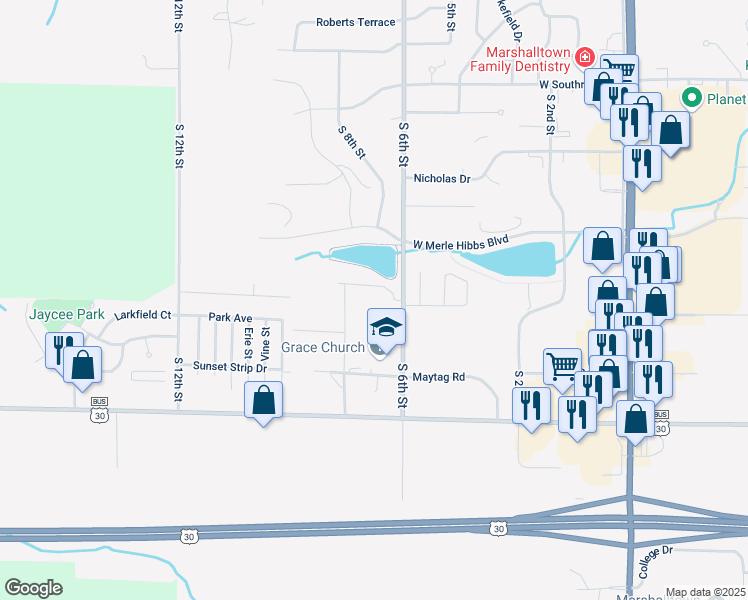 map of restaurants, bars, coffee shops, grocery stores, and more near 2907 South 6th Street in Marshalltown