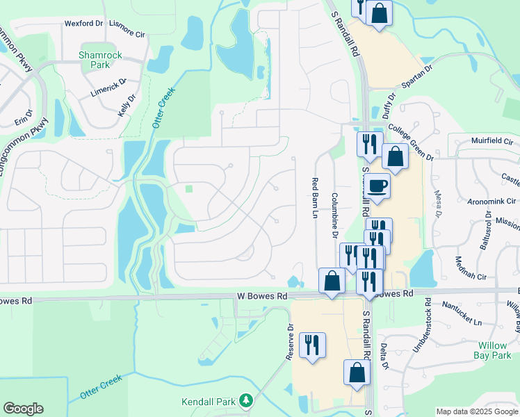 map of restaurants, bars, coffee shops, grocery stores, and more near 2476 Harvest Valley in Elgin