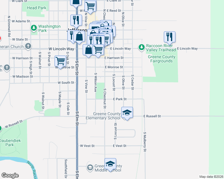 map of restaurants, bars, coffee shops, grocery stores, and more near 504 South Locust Street in Jefferson