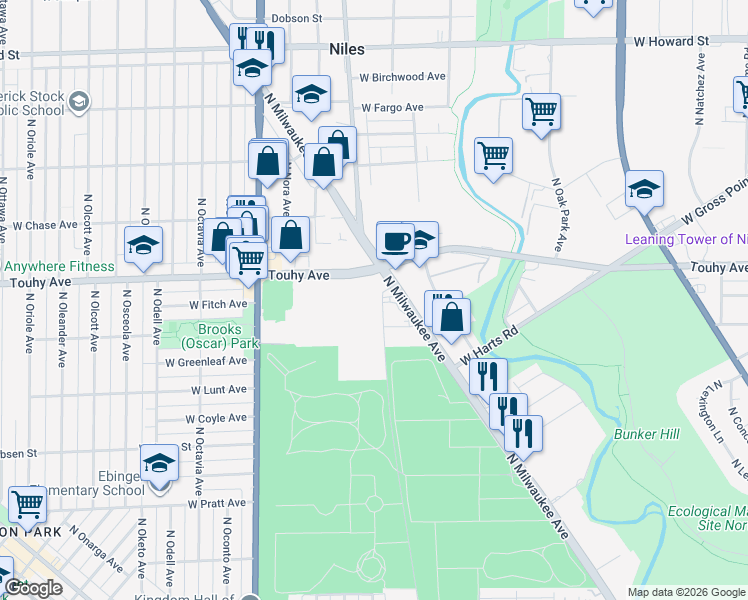 map of restaurants, bars, coffee shops, grocery stores, and more near 7011 West Touhy Avenue in Niles