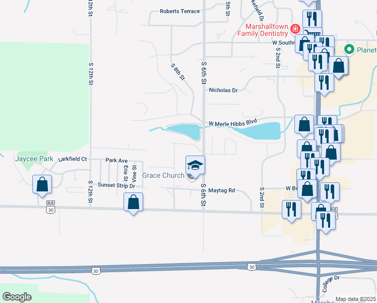 map of restaurants, bars, coffee shops, grocery stores, and more near 2907 South 6th Street in Marshalltown