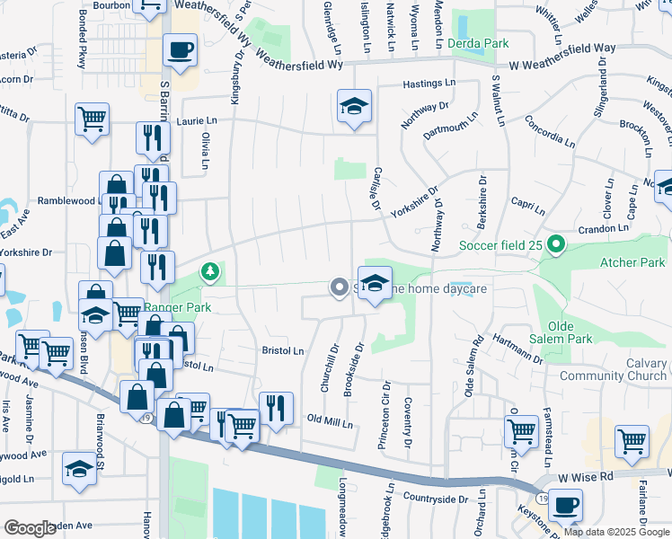 map of restaurants, bars, coffee shops, grocery stores, and more near 7795 Asbury Circle in Hanover Park