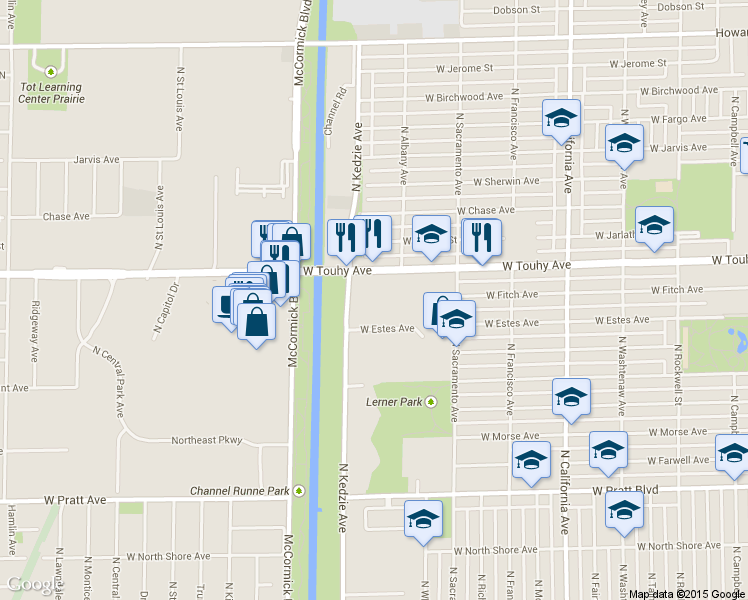 map of restaurants, bars, coffee shops, grocery stores, and more near 7141 North Kedzie Avenue in Chicago