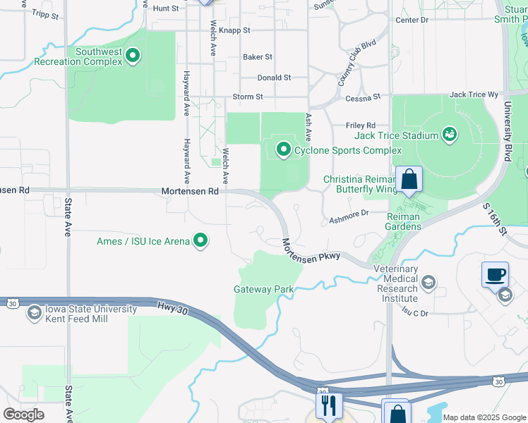 map of restaurants, bars, coffee shops, grocery stores, and more near 2300 Mortensen Parkway in Ames