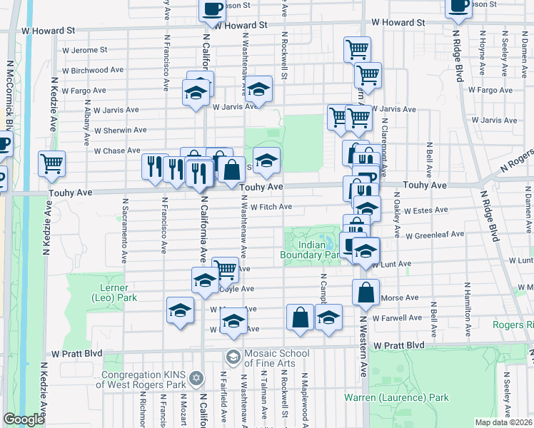 map of restaurants, bars, coffee shops, grocery stores, and more near 2623 West Fitch Avenue in Chicago