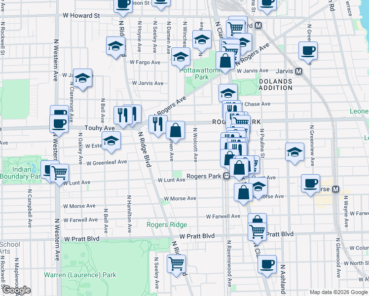 map of restaurants, bars, coffee shops, grocery stores, and more near 1932 West Greenleaf Avenue in Chicago