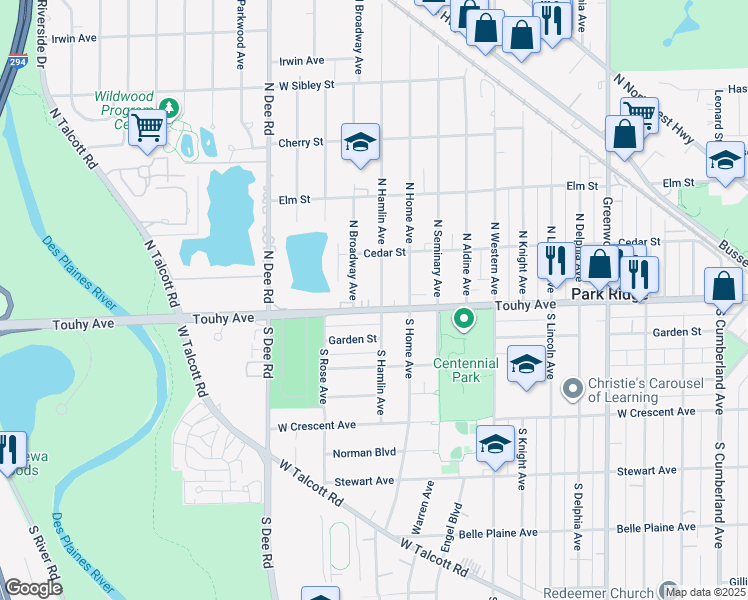 map of restaurants, bars, coffee shops, grocery stores, and more near 6 North Hamlin Avenue in Park Ridge