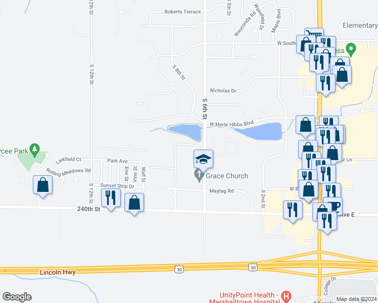 map of restaurants, bars, coffee shops, grocery stores, and more near 2907 South 6th Street in Marshalltown
