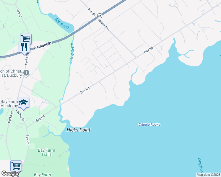 map of restaurants, bars, coffee shops, grocery stores, and more near 45 Grandview Avenue in Duxbury