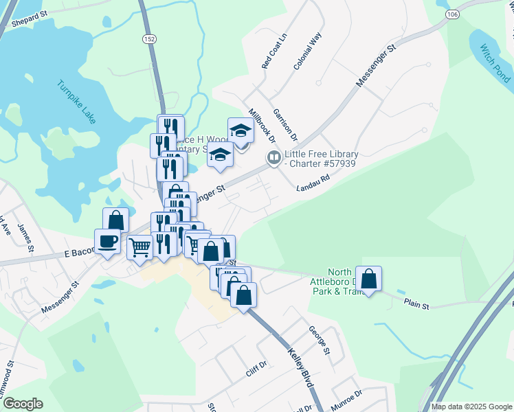 map of restaurants, bars, coffee shops, grocery stores, and more near 71 Messenger Street in Plainville