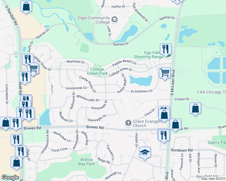 map of restaurants, bars, coffee shops, grocery stores, and more near 1810 Indian Wells Circle in Elgin