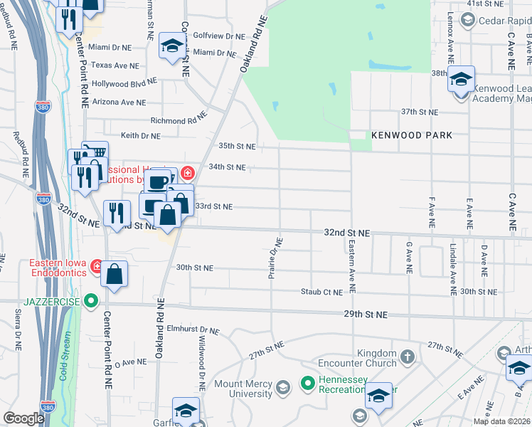 map of restaurants, bars, coffee shops, grocery stores, and more near 1210 32nd Street Northeast in Cedar Rapids