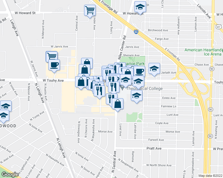 map of restaurants, bars, coffee shops, grocery stores, and more near 7154 Carpenter Road in Skokie