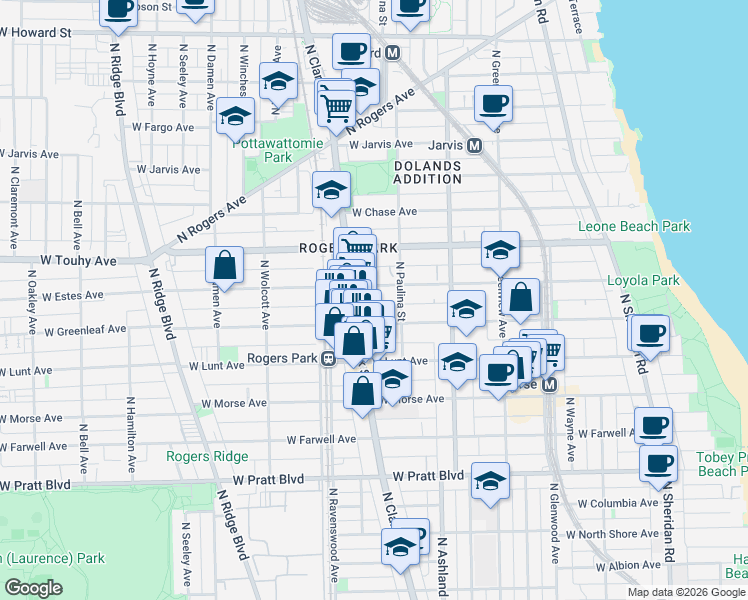 map of restaurants, bars, coffee shops, grocery stores, and more near 1730 West Greenleaf Avenue in Chicago