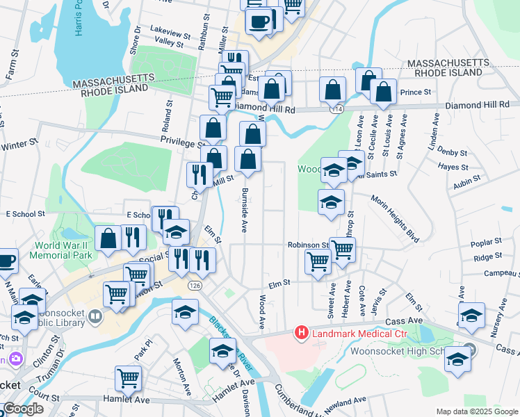 map of restaurants, bars, coffee shops, grocery stores, and more near 410 Wood Avenue in Woonsocket