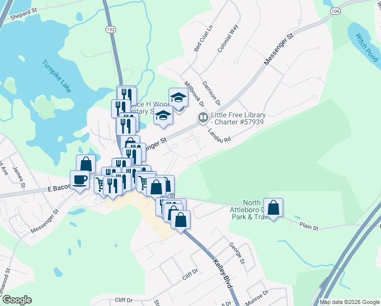 map of restaurants, bars, coffee shops, grocery stores, and more near 71 Messenger Street in Plainville