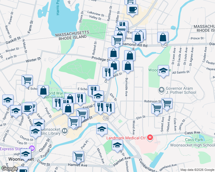 map of restaurants, bars, coffee shops, grocery stores, and more near 626 East School Street in Woonsocket