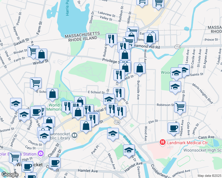 map of restaurants, bars, coffee shops, grocery stores, and more near 105 Rathbun Street in Woonsocket
