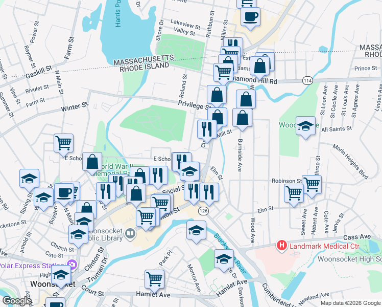 map of restaurants, bars, coffee shops, grocery stores, and more near 105 Rathbun Street in Woonsocket