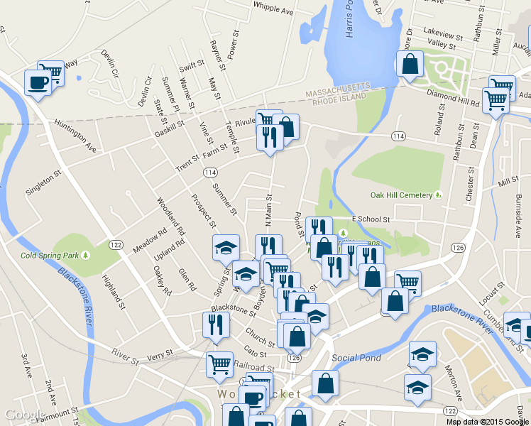 map of restaurants, bars, coffee shops, grocery stores, and more near 373 North Main Street in Woonsocket