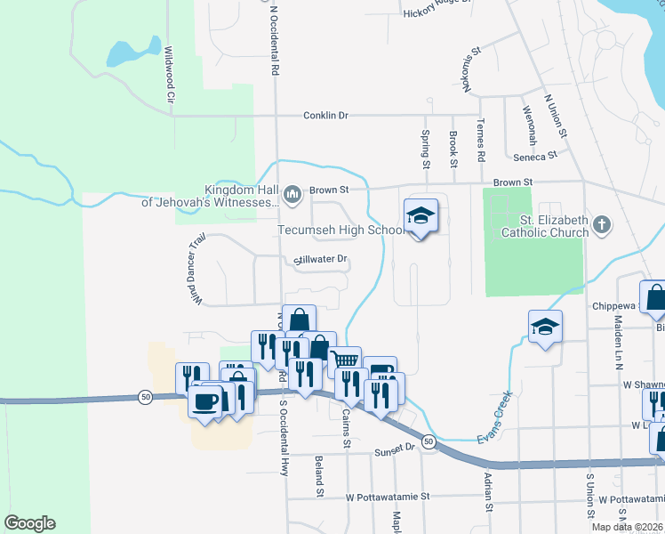 map of restaurants, bars, coffee shops, grocery stores, and more near 2203 Stillwater Drive in Tecumseh