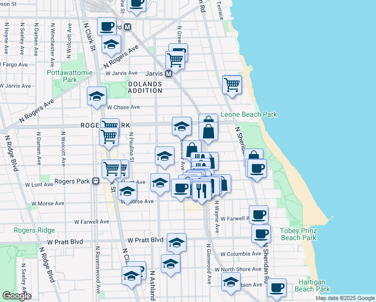 map of restaurants, bars, coffee shops, grocery stores, and more near 7059 North Greenview Avenue in Chicago