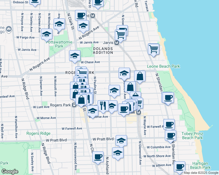 map of restaurants, bars, coffee shops, grocery stores, and more near 1600 West Greenleaf Avenue in Chicago