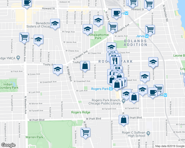 map of restaurants, bars, coffee shops, grocery stores, and more near 1852 West Greenleaf Avenue in Chicago