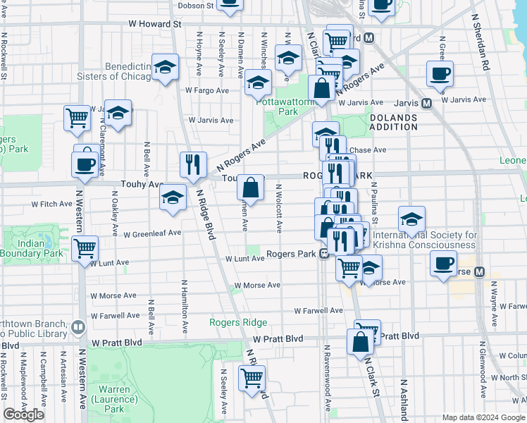 map of restaurants, bars, coffee shops, grocery stores, and more near 1932 West Greenleaf Avenue in Chicago