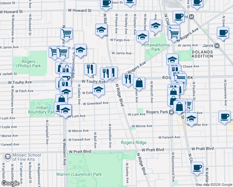 map of restaurants, bars, coffee shops, grocery stores, and more near 7054 North Ridge Boulevard in Chicago