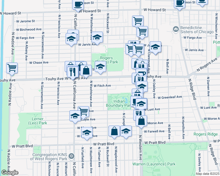 map of restaurants, bars, coffee shops, grocery stores, and more near 2554 West Estes Avenue in Chicago