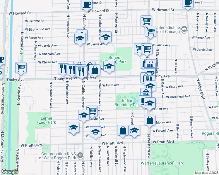 map of restaurants, bars, coffee shops, grocery stores, and more near 2624 West Estes Avenue in Chicago