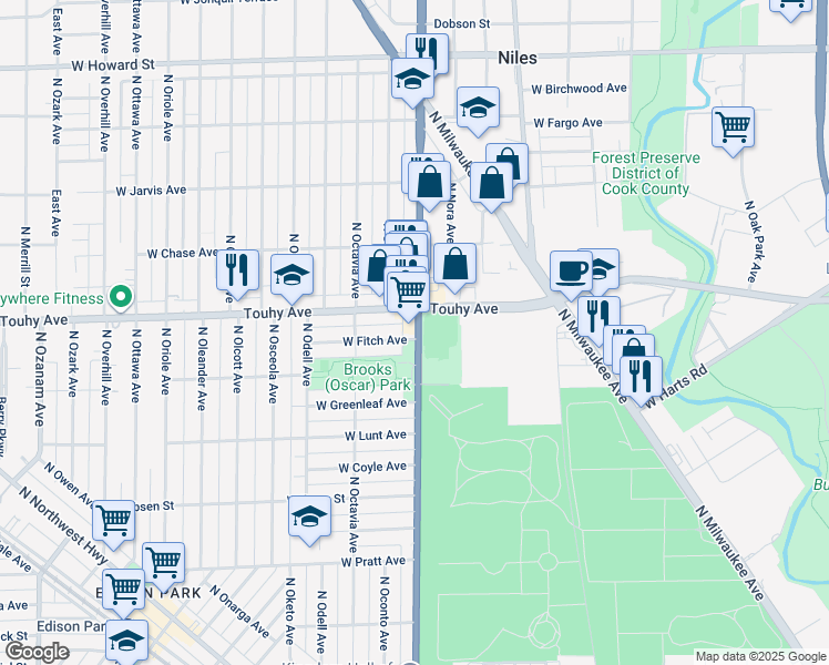 map of restaurants, bars, coffee shops, grocery stores, and more near 7102 North Harlem Avenue in Chicago