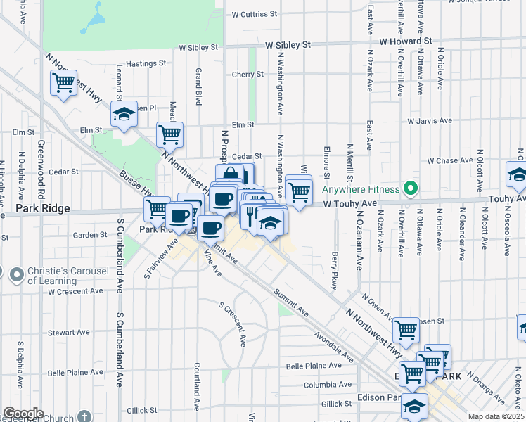 map of restaurants, bars, coffee shops, grocery stores, and more near 422 North Northwest Highway in Park Ridge
