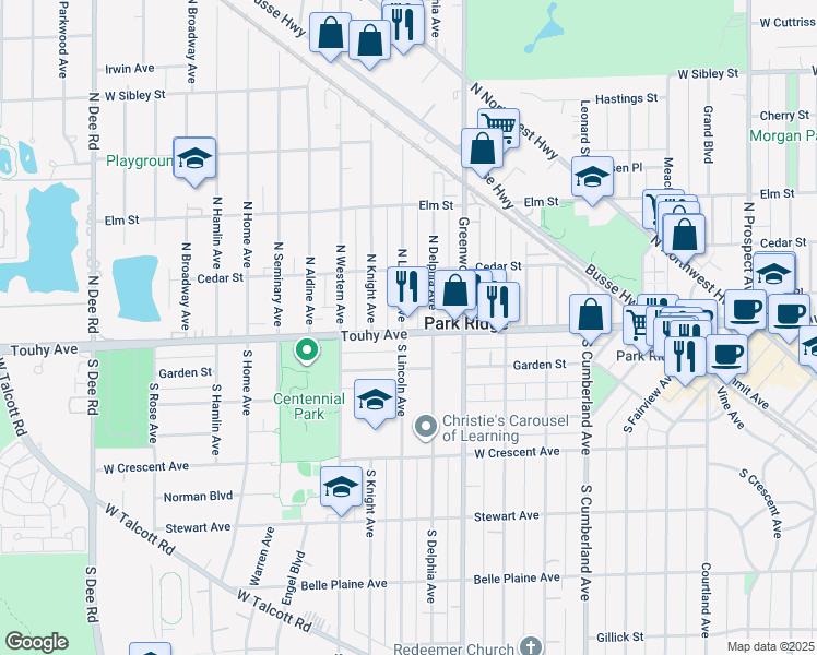 map of restaurants, bars, coffee shops, grocery stores, and more near 1333 West Touhy Avenue in Park Ridge