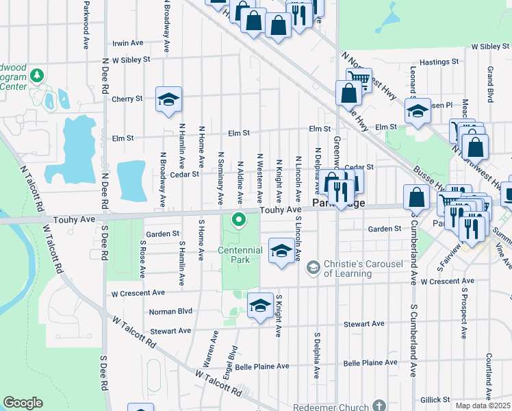 map of restaurants, bars, coffee shops, grocery stores, and more near in Park Ridge
