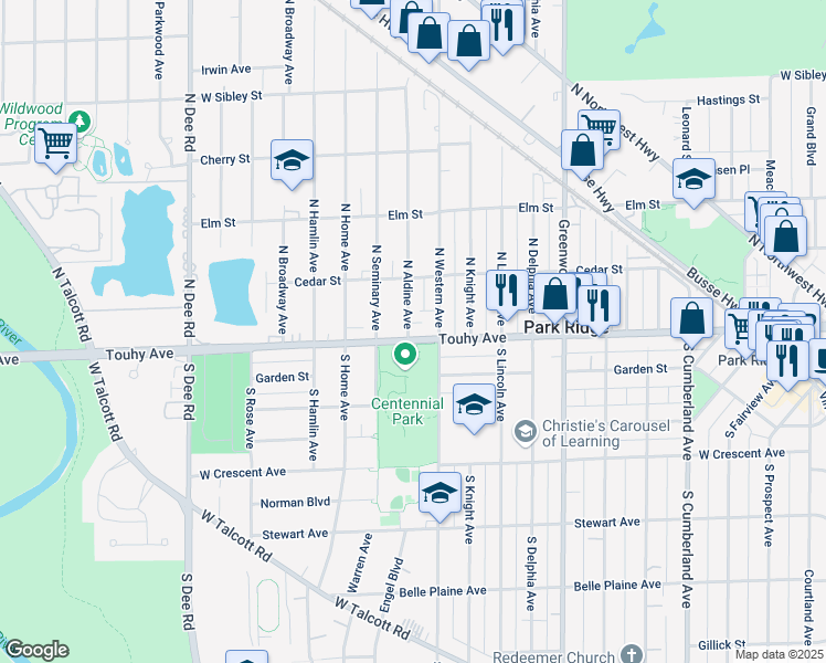 map of restaurants, bars, coffee shops, grocery stores, and more near in Park Ridge
