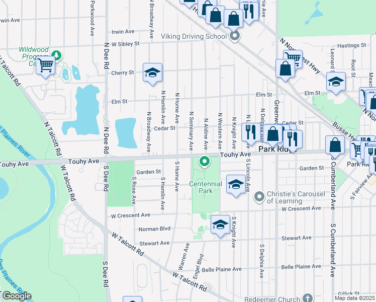 map of restaurants, bars, coffee shops, grocery stores, and more near 7 South Home Avenue in Park Ridge