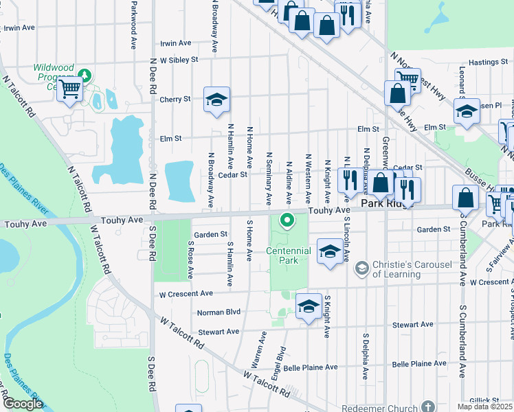 map of restaurants, bars, coffee shops, grocery stores, and more near 7 South Home Avenue in Park Ridge