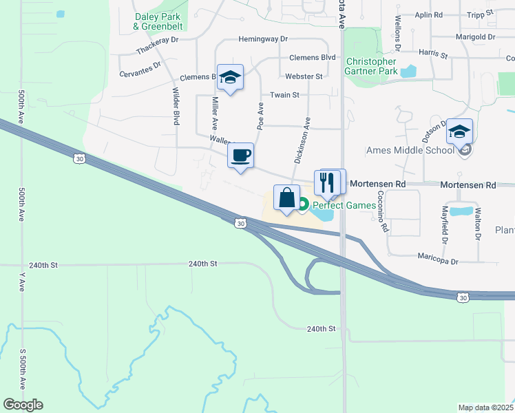 map of restaurants, bars, coffee shops, grocery stores, and more near 4714 Mortensen Road in Ames