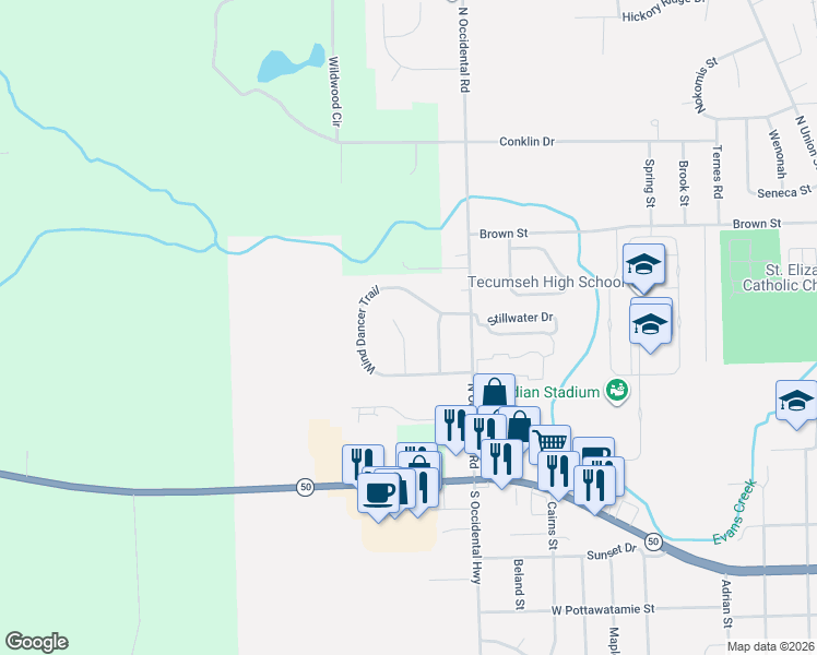 map of restaurants, bars, coffee shops, grocery stores, and more near 406 Settlers Cove in Tecumseh